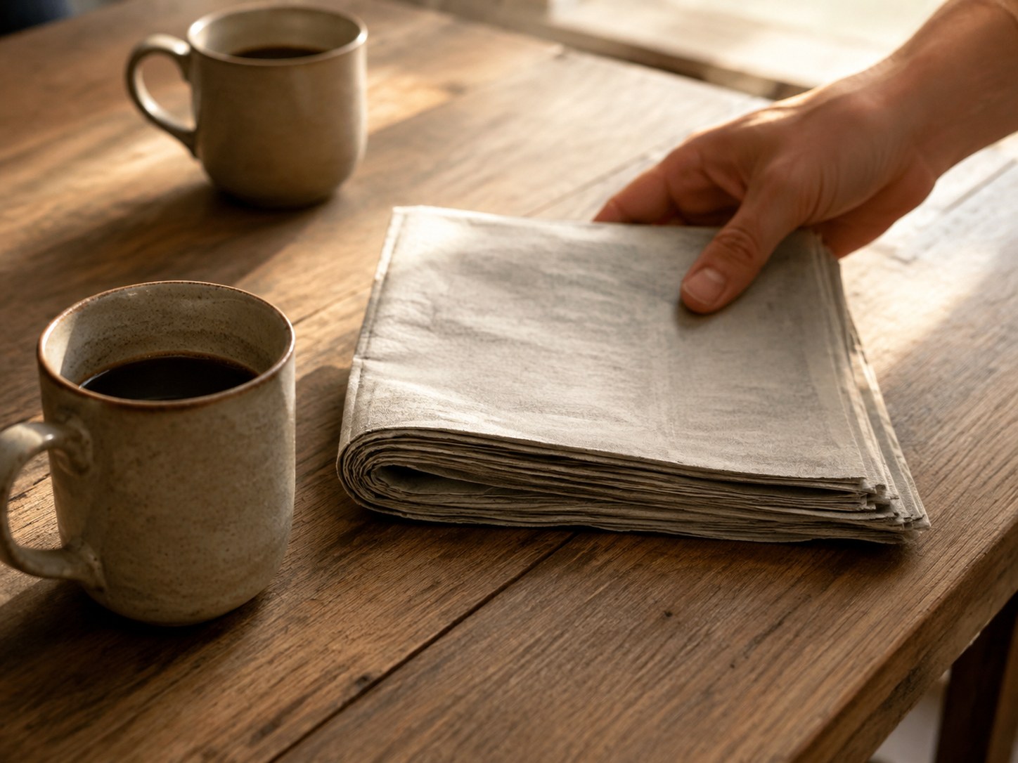Two mugs of black coffee and a folded newspaper on a wooden table, one hand resting on the paper