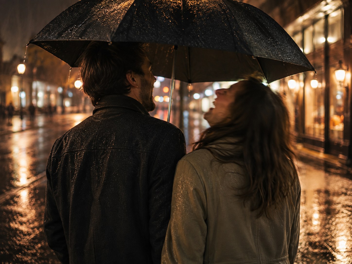Two people sheltering under one black umbrella on a rain-slicked street at night, shop lights reflected on the pavement